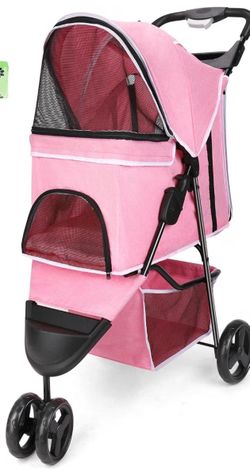 Pet Strollers for Small Medium Dogs & Cats, Foldable Dog Cat Stroller, 3-Wheel Cat Strollers, Cats and Dogs Travel Stroller with Storage Basket + Cup 