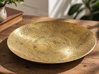 Vintage Chinese Solid Brass Dragon Bowl Hand Engraved Patina Asian Decor
