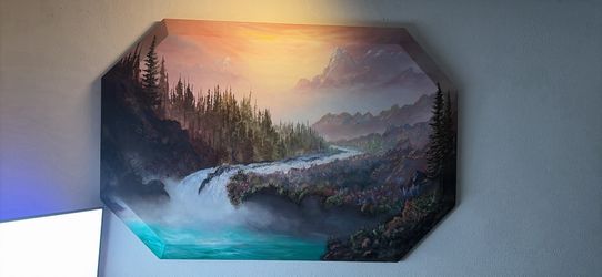 Large Original Landscape Painting – Mountain Waterfall Sunset – 6ft x 4ft Octagon Canvas