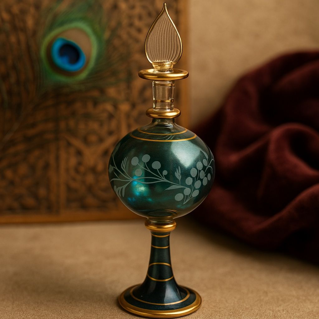 Egyptian Vintage 1990s Hand Blown Perfume Bottle Iridescent Teal Etched Florals