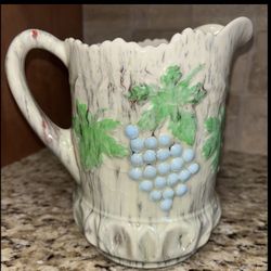Vintage Majolica-Style Ceramic Pitcher W/Grapevine Design Drip Glaze, Crazing