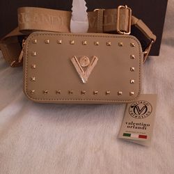 VALENTINO ORLANDI Gold Studded Double Zip Crossbody Camera Bag/Purse