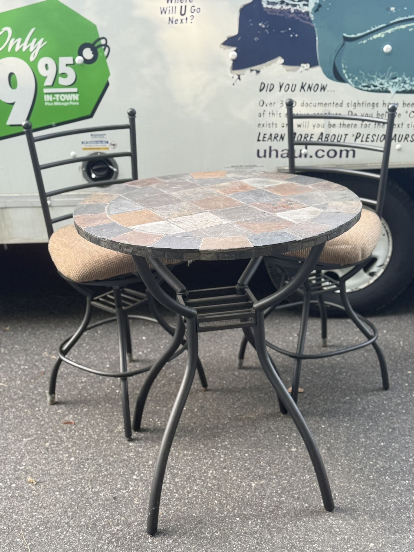Tile-Top Bistro Table w/ 2 Swivel Barstools – $80