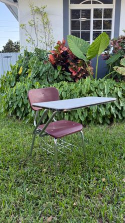 Vintage School Desk Chair w/ Attached Writing Table & Book Basket