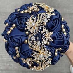 8.3" Handmade Satin Rose Bridal Bouquet Toss Round Wedding Bouquet Throw Toss Artificial Flower Bunch Navy Blue