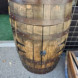 Beautiful Bourbon Whiskey Half Barrel Cabinet with Barrel Lid Shelf and Doors with Latch 