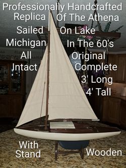 Professionally Handcrafted Wooden Replica Of The Athena Which Sailed On Lake Michigan In The 1960's (All Original, Intact & Complete) 3' Long, 4' Tall