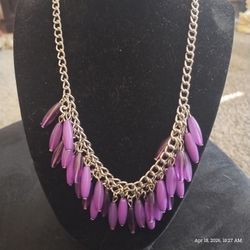 Silvertone Chain Necklace Earrings To Match Purple Beaded Necklace 