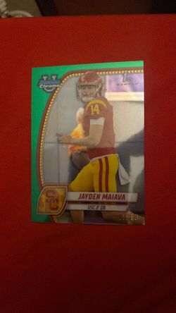 Jayden Maiava, specifically a green numbered 87/99.