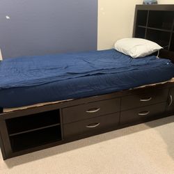 Twin Mattress And Bedframe With Drawers And Shelves. 