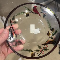 Set of seven glass bird and branches design Dessert Plates NWT