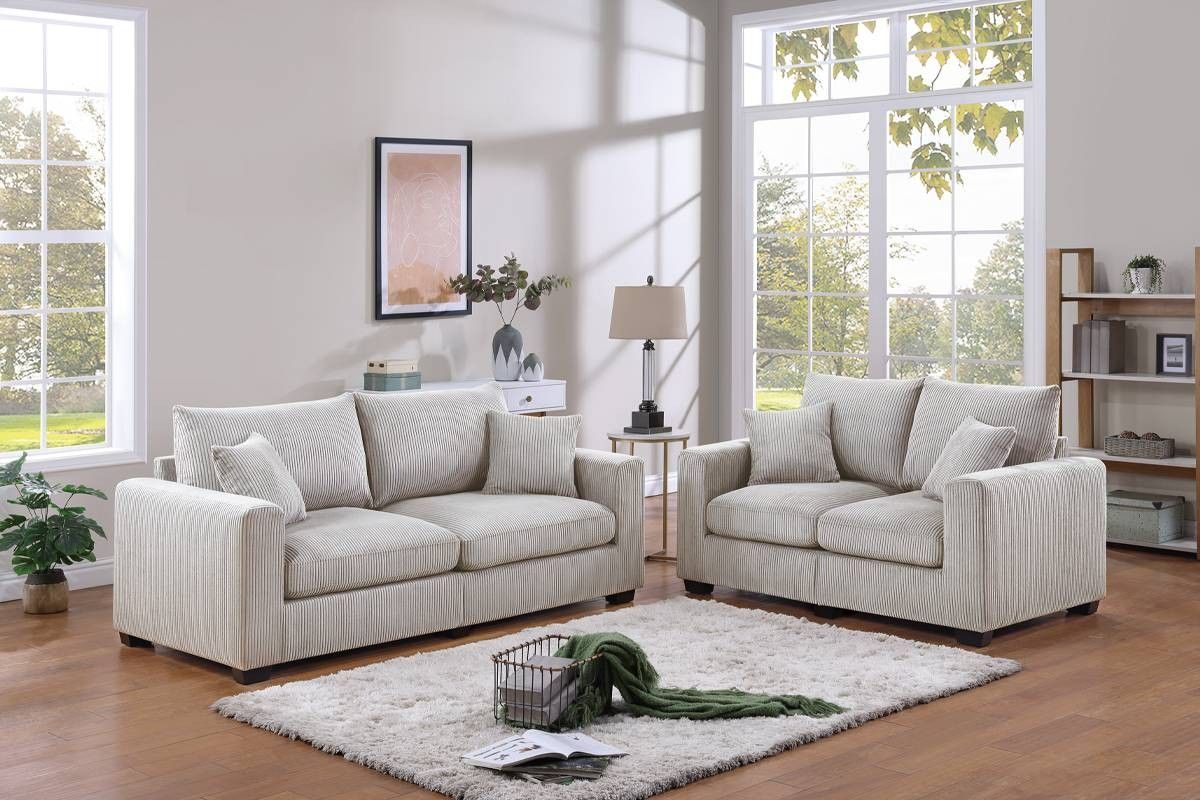 ✅️2 pc ivory corduroy fabric sofa and love seat set with rounded square arms