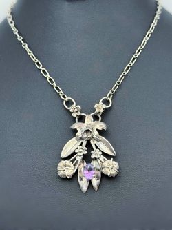 Vintage 925 Sterling Silver 1.25Ct Natural Amethyst Stone Orchid Floral Necklace Chain 14” 3mm