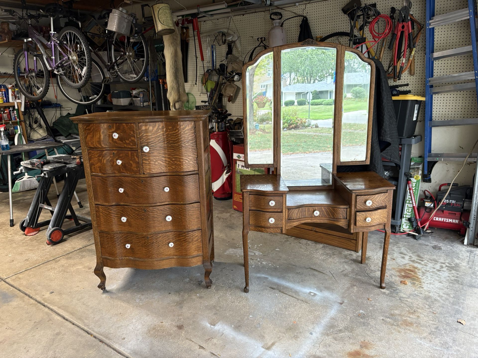 Antique quartersawn tiger Oak tall boy dresser w/matching makeup table & trifold mirror Vintage Chiffonier Dresser measurements are 34”wide 19”  deep 