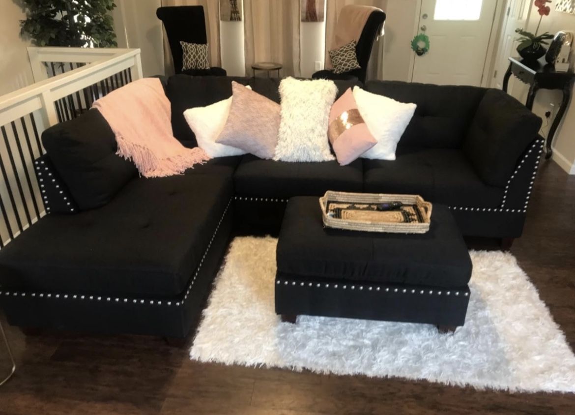 Brand New Black Sectional Sofa Couch With Ottoman 