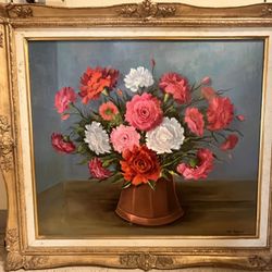 Flowers painted on original canvas Vintage ornate composite frame with gold leaf or gold-tone finish