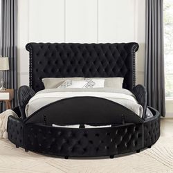 Black Velvet Round Bed Tufted Headboard Storage Only Available In Size Queen $1,040 Firm Price USB Ports On Each Side Of Headboard