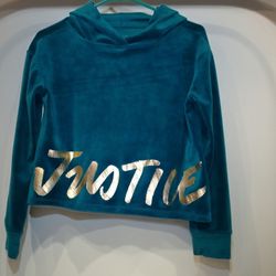 Justice Teal Velour Hoodie – Size 12 – Metallic Logo – Light Use
