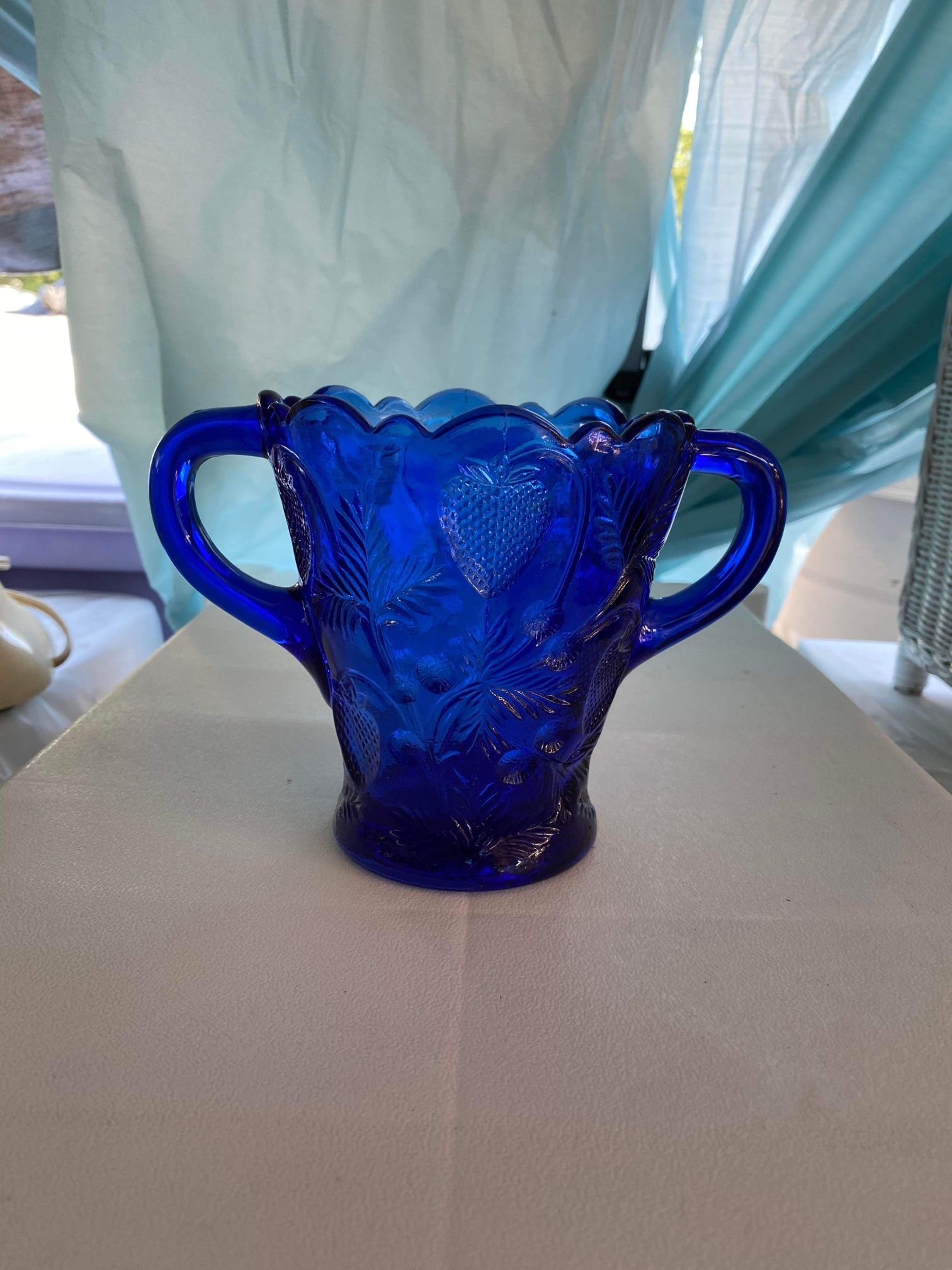 MOSSER Large Spooner Cobalt Blue Pressed Glass Inverted Strawberry Design 5"tall