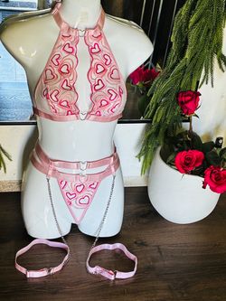 Pink Heart Embroidered Lingerie Set with Chains