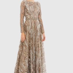 Mac Duggal Dress 79261 Mocha Sequin Long Sleeve Bateau A-Line Size 14