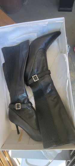 Calvin Klein Black Leather Knee-High Heeled Boots