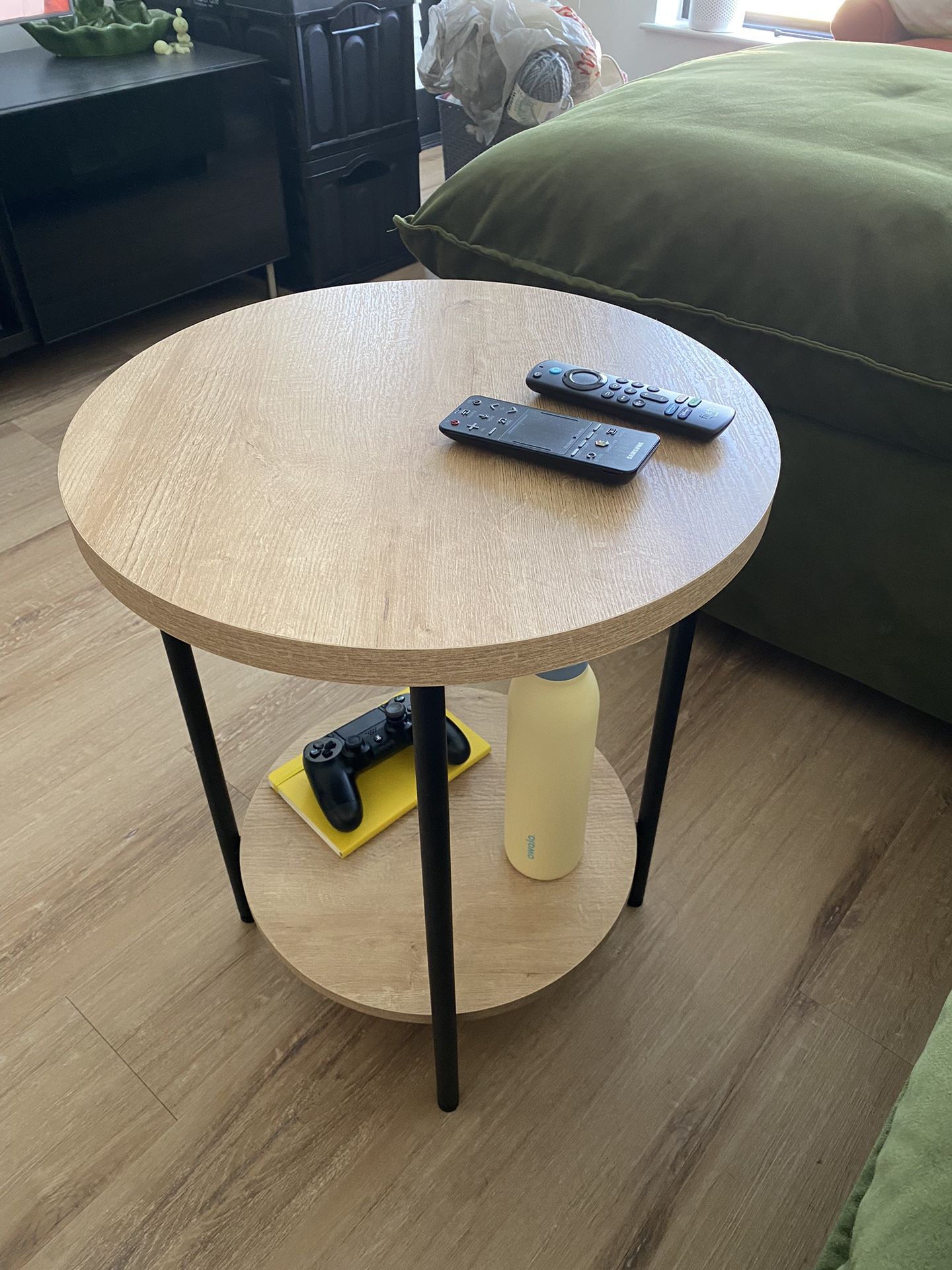 Round end table, wood and metal, 22.5 ” high