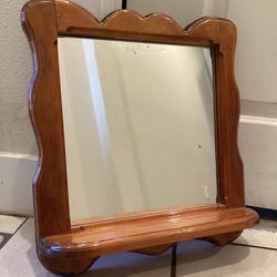 Antique  Shaving Mirror With Wooden Shelf 