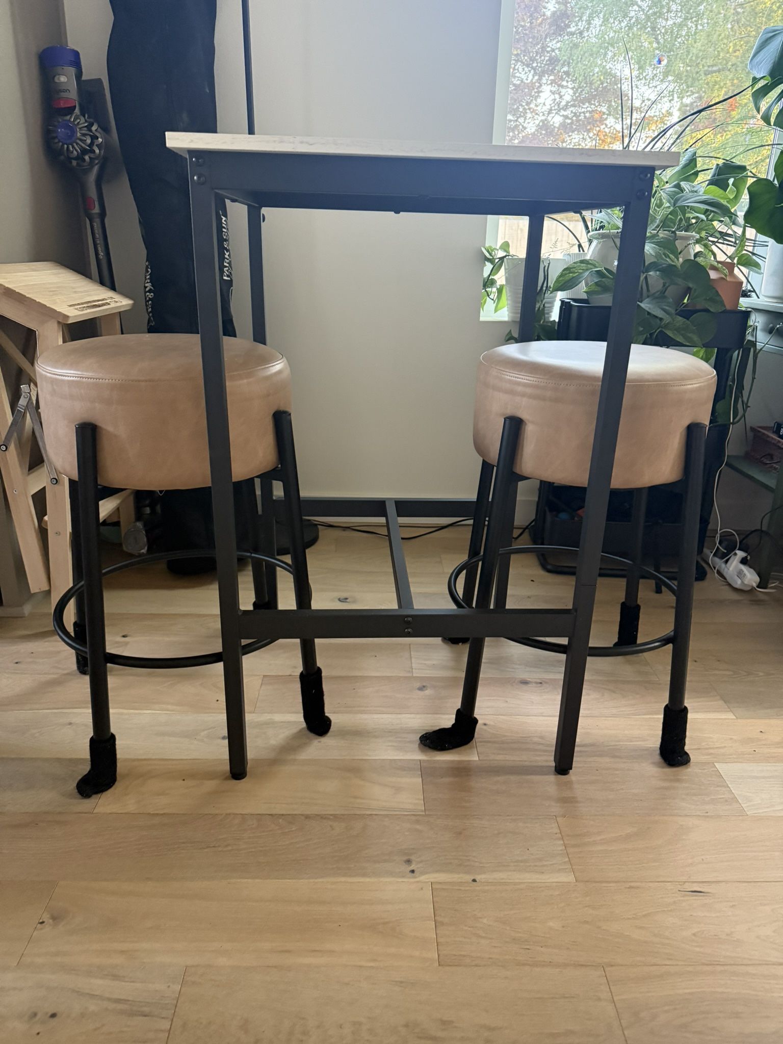 Two Bar Stools - Round Faux Leather Backless Counter Height