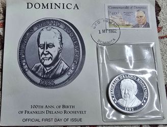 1982 100th Anniversary ~ Franklin Delano Roosevelt ~ 1oz 999 Fine Silver Round With Official First Day of Issue Cover 31.2grams