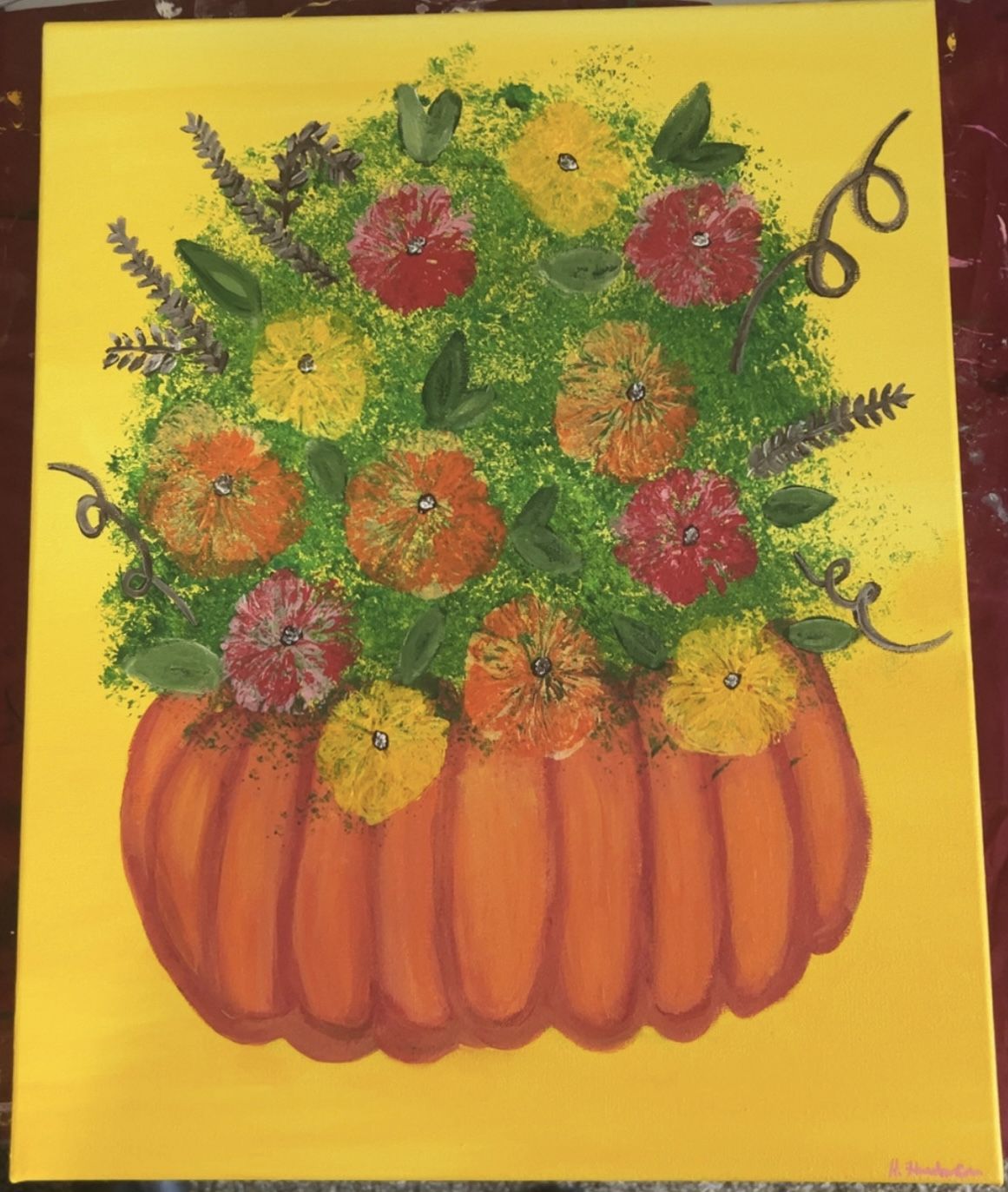 Hand Painted Autumn Floral Pumpkin 