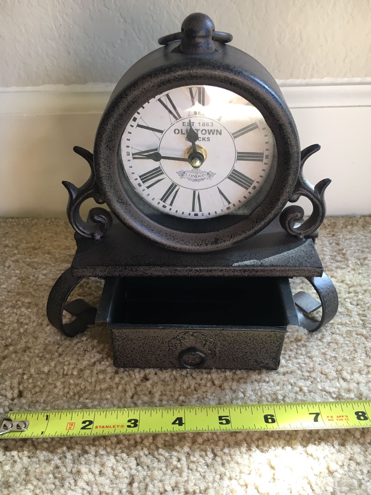Small metal kitchen clock with drawer