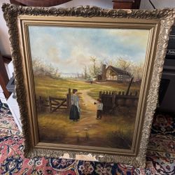 Charming Vintage Oil Painting with Ornate Gilded Frame – Timeless Pastoral Scene