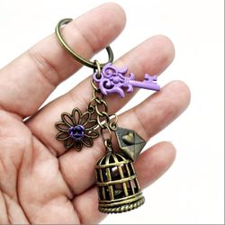 Handmade Caged Bird Birdcage Love Letter Purple Key Flower Charms Keychain