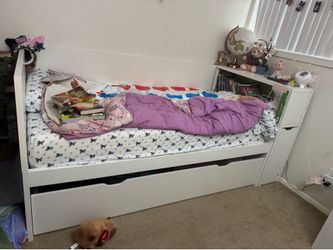 Ikea Flaxa Bed with Trundle and Headboard Storage Shelf System