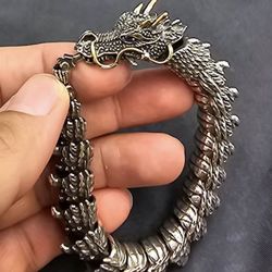 Retro Style Stainless Steel And Sterling Silver Dragon Bracelet