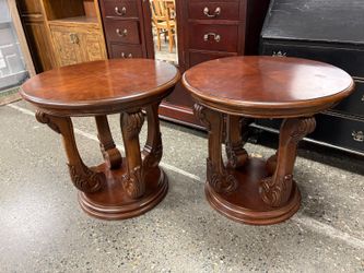 Traditional Round Ornately Carved Wooden Side Tables (Set of 2)