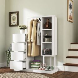 Versatility Wardrobe with Hanging Rack & Shelves for Bedroom Storage Combo Chest with 4 Drawers