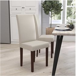 Merrick Lane Ellison Mid-Century Panel Back Parsons Accent Dining Chair in Beige Faux Leather Set Off 2