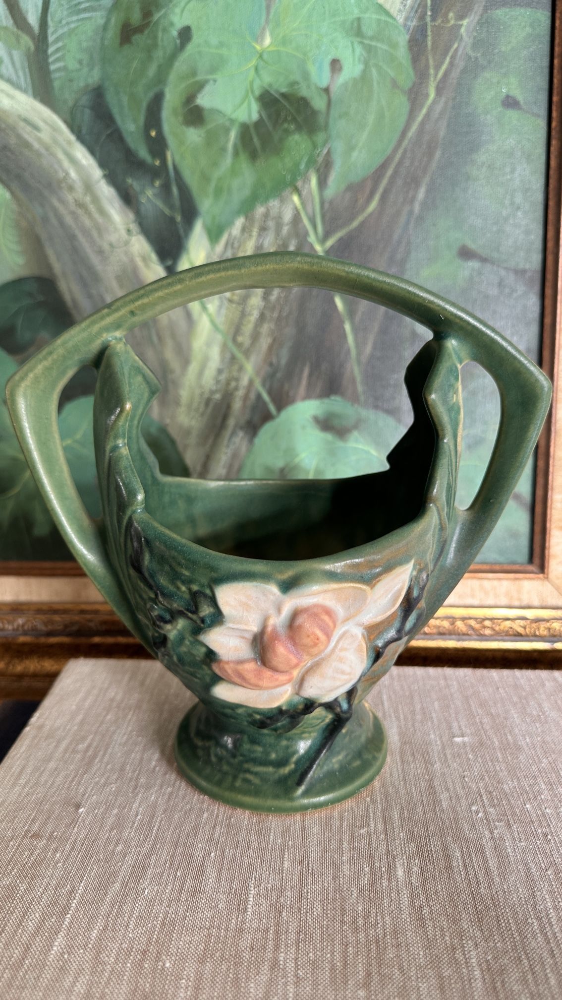 Roseville Pottery Magnolia 1943 Blue Basket 383-7