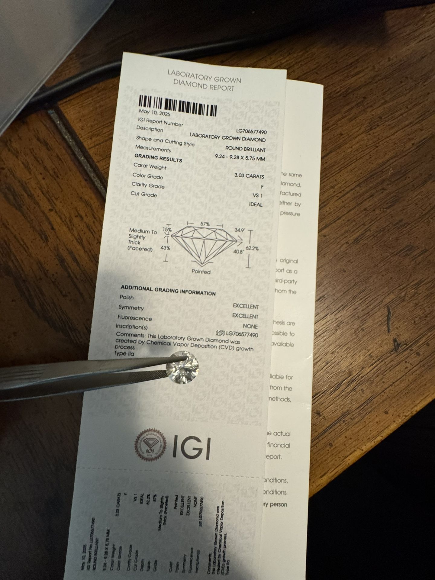 3.03 VS1 ROUND IGI CERTIFIED F COLOR