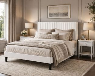 Queen Bed Frame, Velvet Upholstered Platform Bed with Adjustable Vertical Channel Tufted Headboard, Mattress Foundation with Strong Wooden Slats, Box 