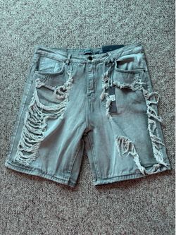 TRACK Men's Washed Distressed Denim Ripped Shorts 12" Size 38 W