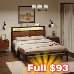 Full Bed Frame with Storage Headboard Metal Platform Bed with LED Lights USB Ports & Outlets