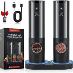 Upgraded Electric Salt and Pepper Grinder Set Rechargeable, USB Charging Stand, Automatic Spice Mill Shakers Refillable, One Handed Operation, Adjusta