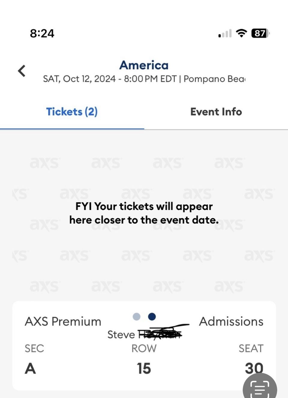 2 Concert Tickets AMERICA