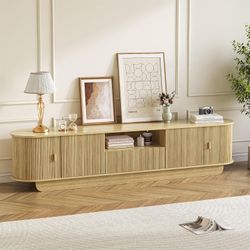 86.61'' Tambour TV Stand for 55-85 Inch, Modern Entertainment Center with Large Storage Cabinet & Open Shelves, TV Console with Sliding Doors for Livi