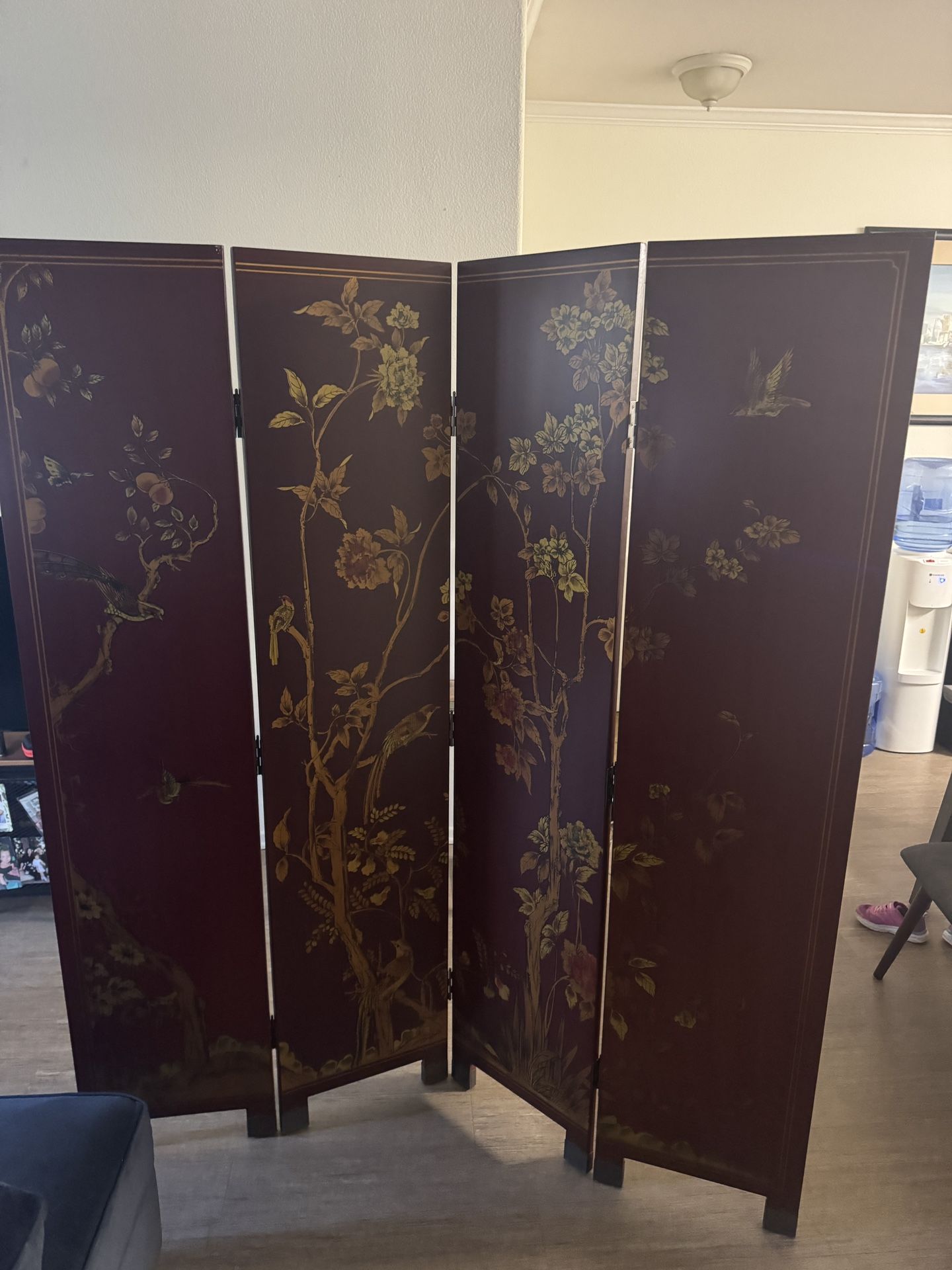 Elegant 4-Panel Asian-Inspired Room Divider with Floral and Bird Design