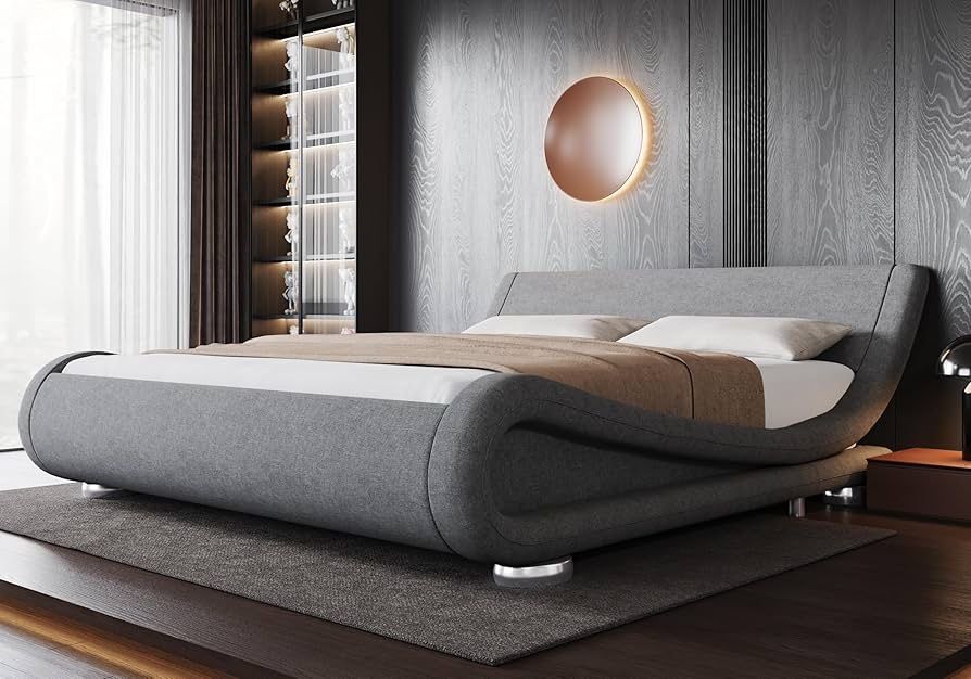 Queen Size Bed Frame with Ergonomic & Adjustable Headboard, Low Profile Modern Upholstered Platform Sleigh Design - Easy Assembly, No Box S