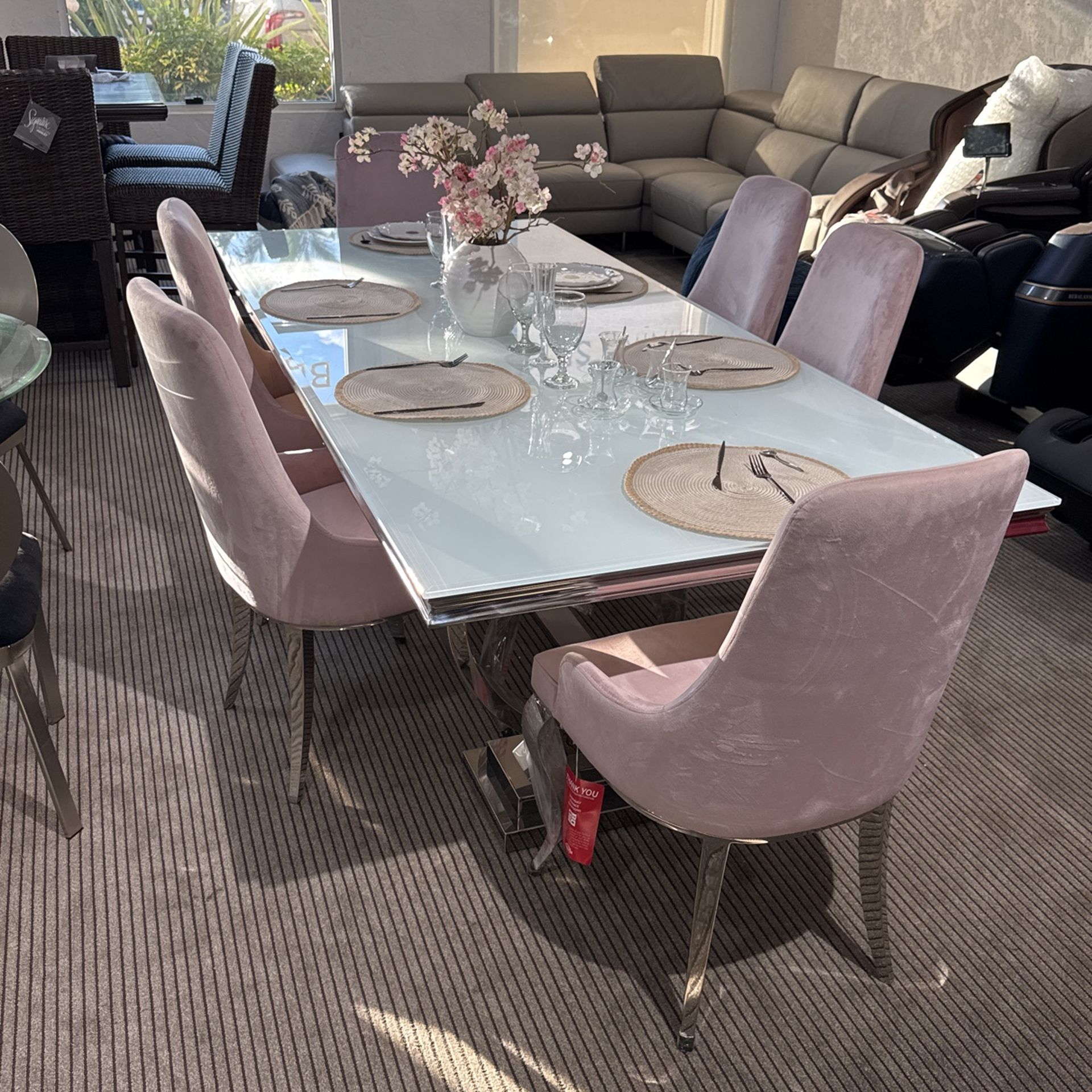 7 Piece Rectangular Glass Top Dining Table Set Pink 
